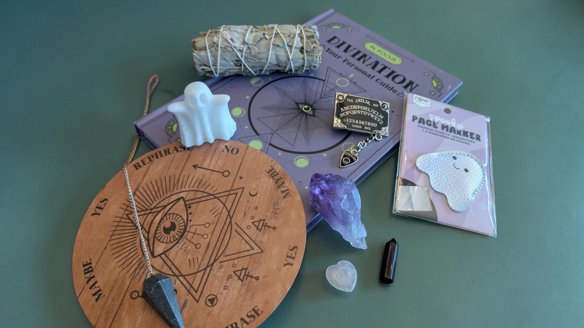 Ghost Divination Scoop: White Jade Ghost, Amethyst, Ouija Pin, Sage